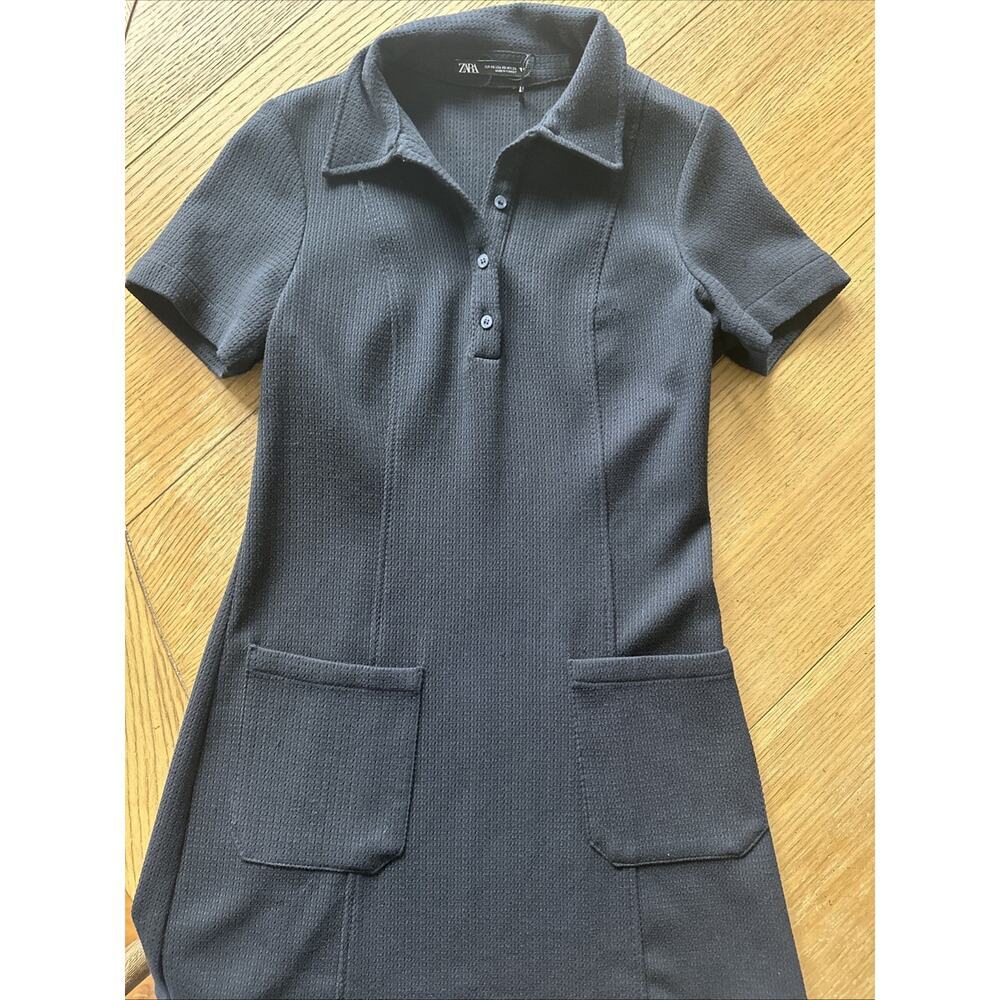 Zara Navy Blue Knit Shortsleeve A Line Collared Mini Dress XS Preppy Classic - Picture 5 of 5